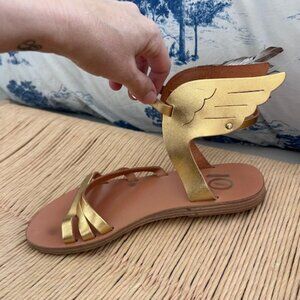 Victory of Samothrace feather-embellished metallic leather sandals